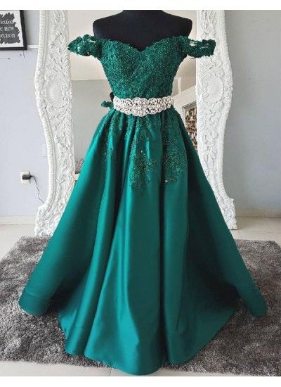 Green Off Shoulder A Line Evening Dresses Long Prom Dresses With Lace Appliques cg942
