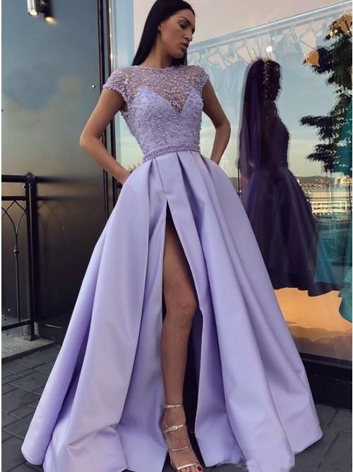 Charming Lavender Beading Cap Sleeves Long Prom Dresses cg949