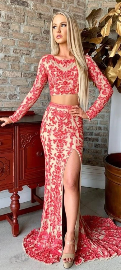 Sexy Long Prom Dress,Two Piece Evening Dress,Long Sleeve Prom Dress,Two Piece Long Sleeve Evening Dress  cg9662