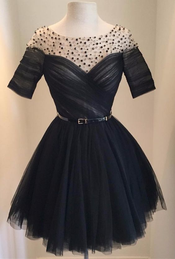 Short Cocktail Dress,Black Beaded Tulle homecoming Gown   cg9822