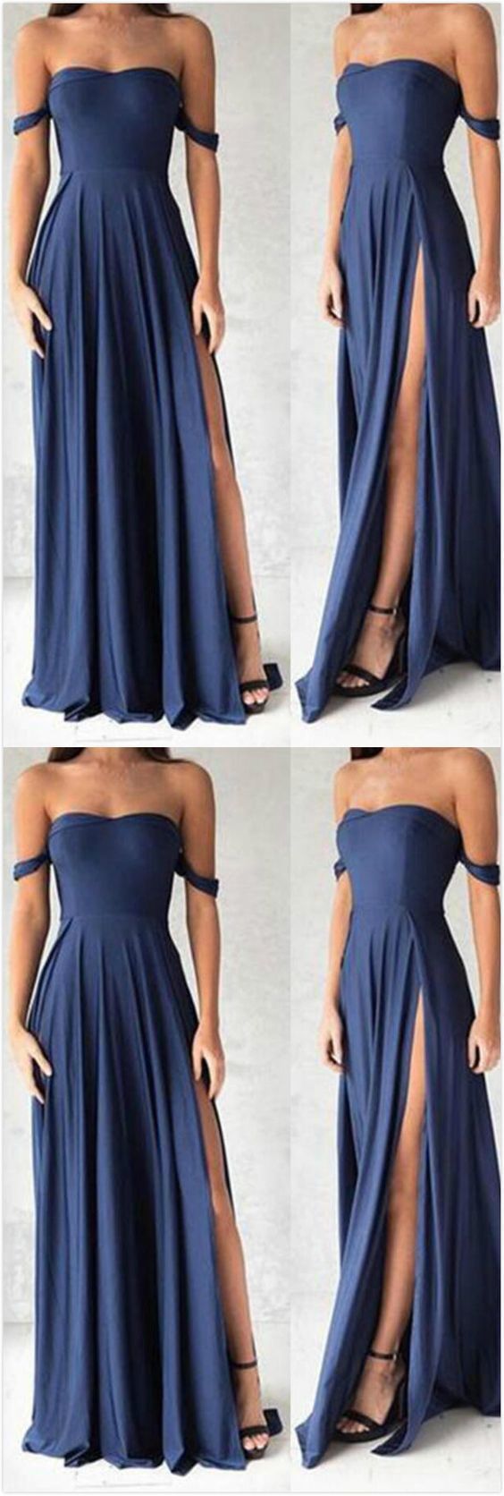 Sexy Off-Shoulder Prom Dress, Navy Blue Chiffon Prom Dress, Slit Side Prom Dress  cg983