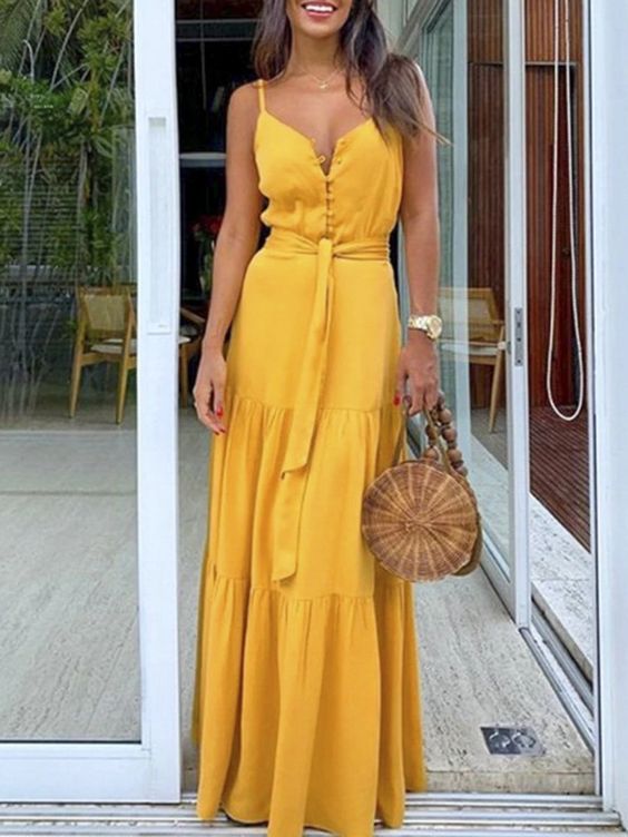 Women Yellow Spaghetti Strap Long Dress Female V Neck Backless High Waist Maxi Dress Plus Size Ladies Sexy Party prom Dress  cg9950