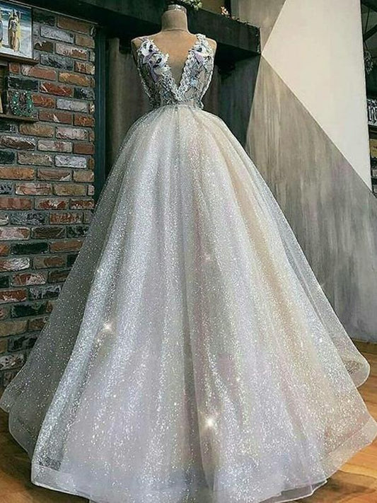 Sparkly Ivory Sequin Tylle Embroidery Applique V-Neck Ball Gown Prom Dresses cg997